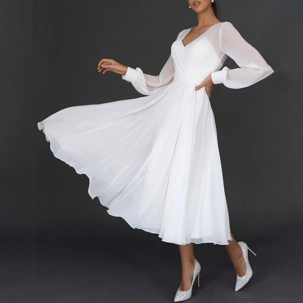 Сексуалното шифоновое бяла рокля миди с V образно деколте, летни рокли Midi за жени 2023, елегантна вечерна сватба бална рокля с дълъг ръкав за гости, бална рокля . ' - ' . 0