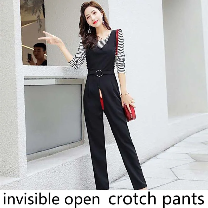 Открити възли панталони на подтяжках за жени, пролет-лято, новият корейски стил, висока талия, широки панталони на невидим цип, черна . ' - ' . 0