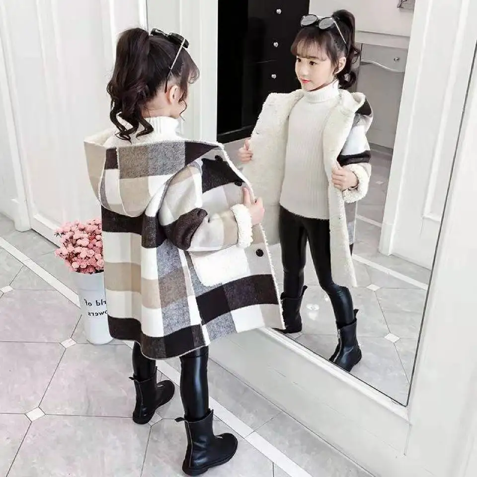 Есен-зима 2020, ежедневни якета за момичета, горна дреха с качулка, модерно вълнена дълга козина, детски дрехи, скъпа връхни дрехи за малките момичета . ' - ' . 0