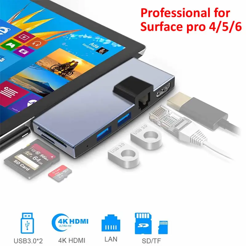 USB3.0 HUB 4K, HDMI-съвместим USB Сплитер 3,0 100 Mbps Ethernet Адаптер Cardreader SD/TF Карта за Microsoft Surface Pro 4/5/6 . ' - ' . 0
