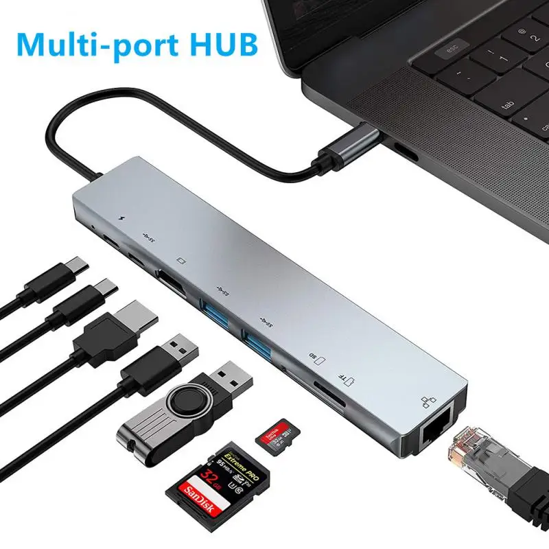 USB 3.0 хъб, док-станция за зареждане на PD, RJ-45, HDMI-съвместима карта TF / SD, сплитер Type-C за лаптоп адаптер за PC, компютър . ' - ' . 0