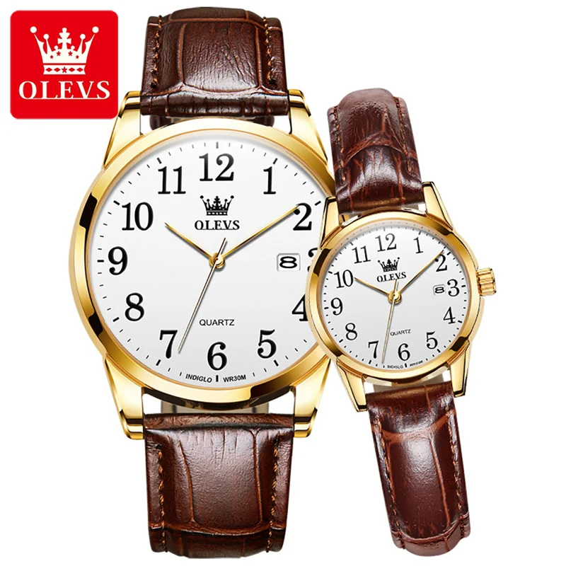 Часовник за любителите на марката OLEVS, модерен водоустойчив кожена календар, ежедневна двойка, прости кварцови часовници за мъже, дамски елегантни часовници . ' - ' . 0