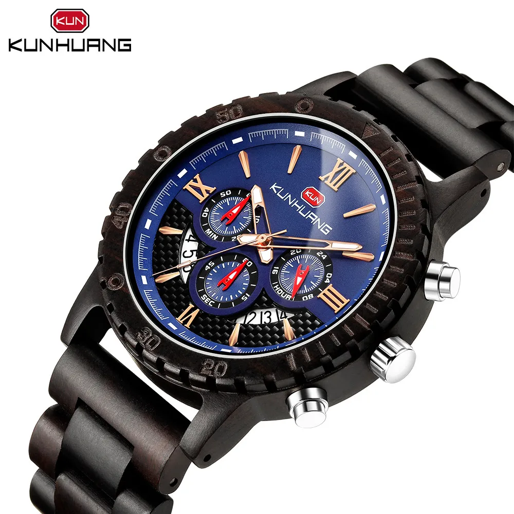 Мъжки часовник Kunhuang Wood, Многофункционални Модни Часовници с Хронограф, Три очи, Шестиконтактными Светещи Спортни Кварцевыми часовници с часове . ' - ' . 0