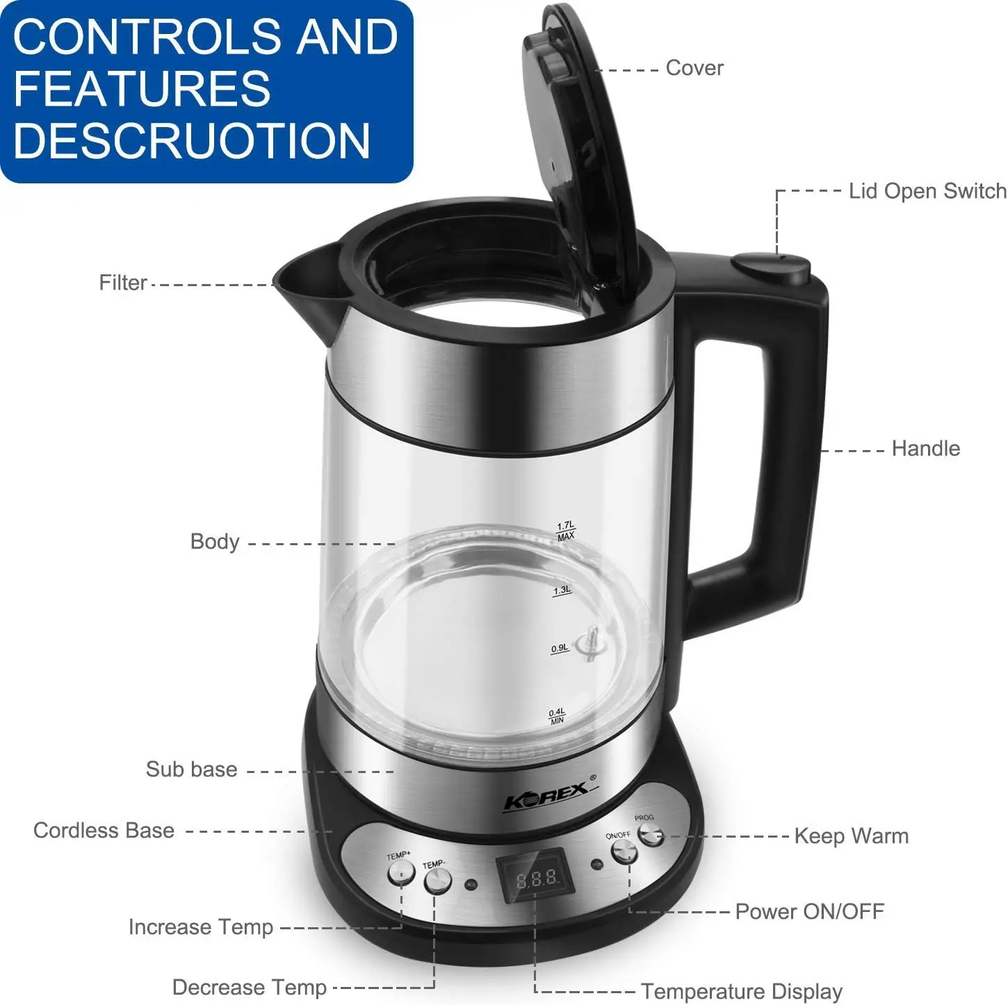 Кана за вода Стъклен Нагревател Бойлер Подходящ за WIFI APP Алекса Google Home Помощник 1.7 Л Отличен за приготвяне на кафе, Чай, мляко, Когато се нагрее прекомерно . ' - ' . 0