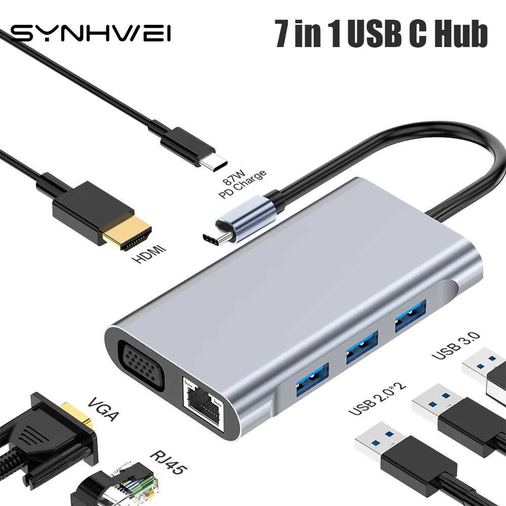7 в 1 C USB Хъб Type-C Адаптер За USB 3.0, HDMI-4K 30 Hz 87 W PD Зареждане VGA, RJ-45 7 Пристанища Докинг станция за Macbook Аксесоари . ' - ' . 0