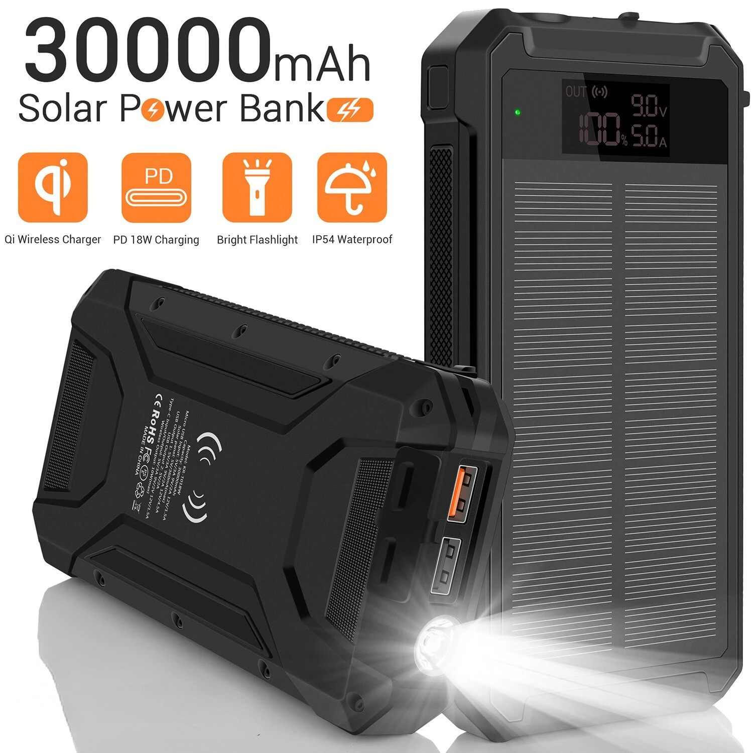 Слънчев Powerbank 30000 ма Мобилен Телефон Безжично зареждане текущите Банка Фенерче Led Батерия Открит Водоустойчив Мобилен Източник на Захранване . ' - ' . 0