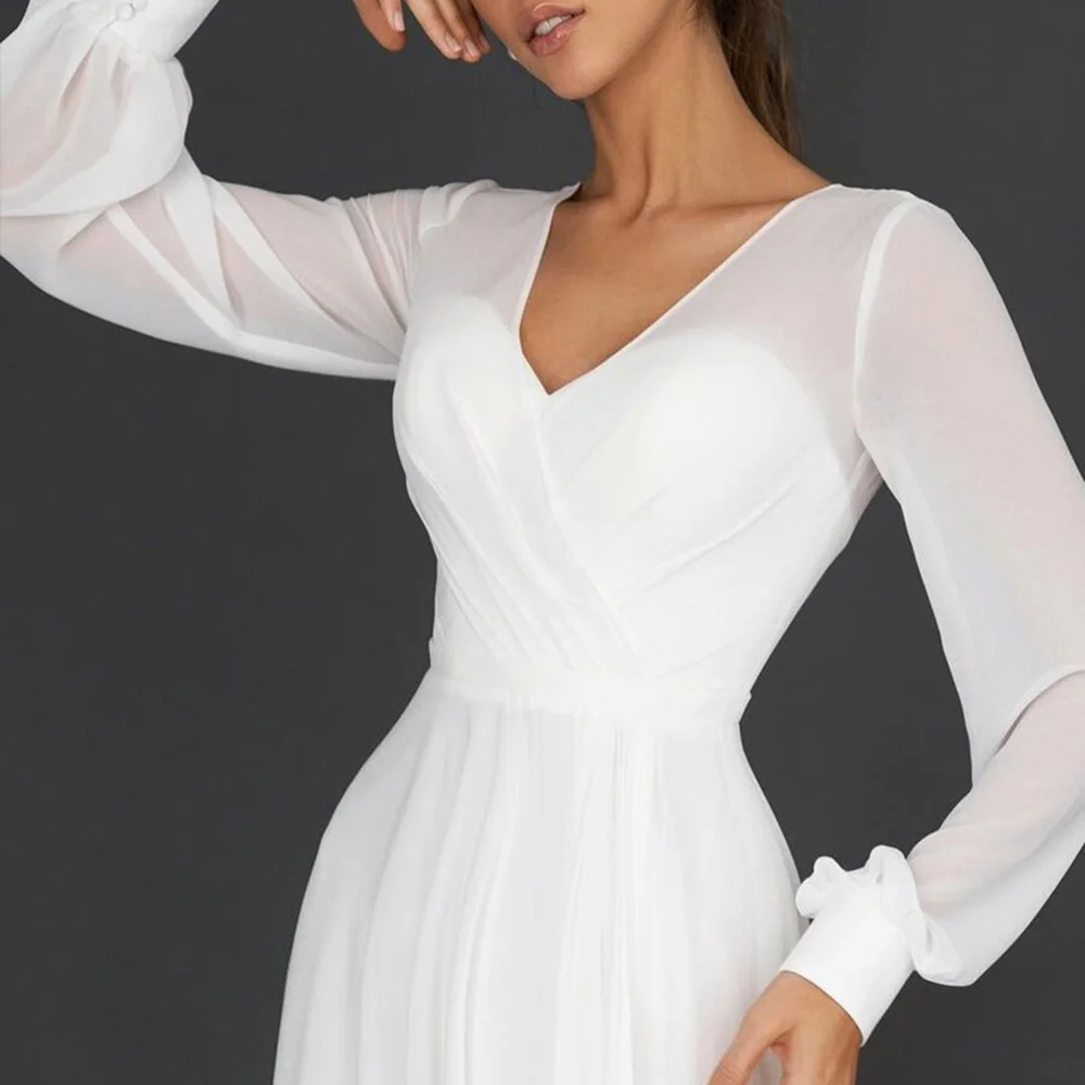 Сексуалното шифоновое бяла рокля миди с V образно деколте, летни рокли Midi за жени 2023, елегантна вечерна сватба бална рокля с дълъг ръкав за гости, бална рокля . ' - ' . 1