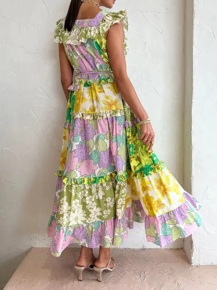 KBQ Женствена рокля с цветен принтом под формата на цветни единица, квадратен яка, без ръкав, висока талия, свободни рокли дантела, направени годни за консумация дървени гъбички, женски . ' - ' . 1