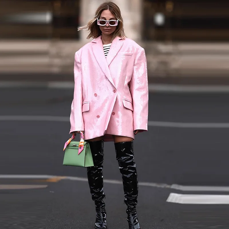 Модерен женски сако с пайети есен 2023, розово вечерно палто с дълъг ръкав, двубортное, с пайети, свободен, със средна дължина, блейзери, рокли . ' - ' . 1