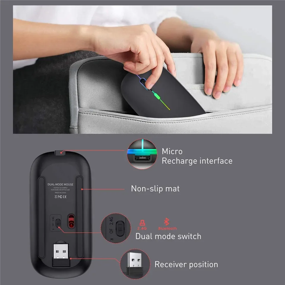 Безжична мишка с Bluetooth, тиха мишка Mause, Wi-Fi, ергономична мини-мишка, USB-оптични мишки за настолни компютри, преносими КОМПЮТРИ . ' - ' . 1