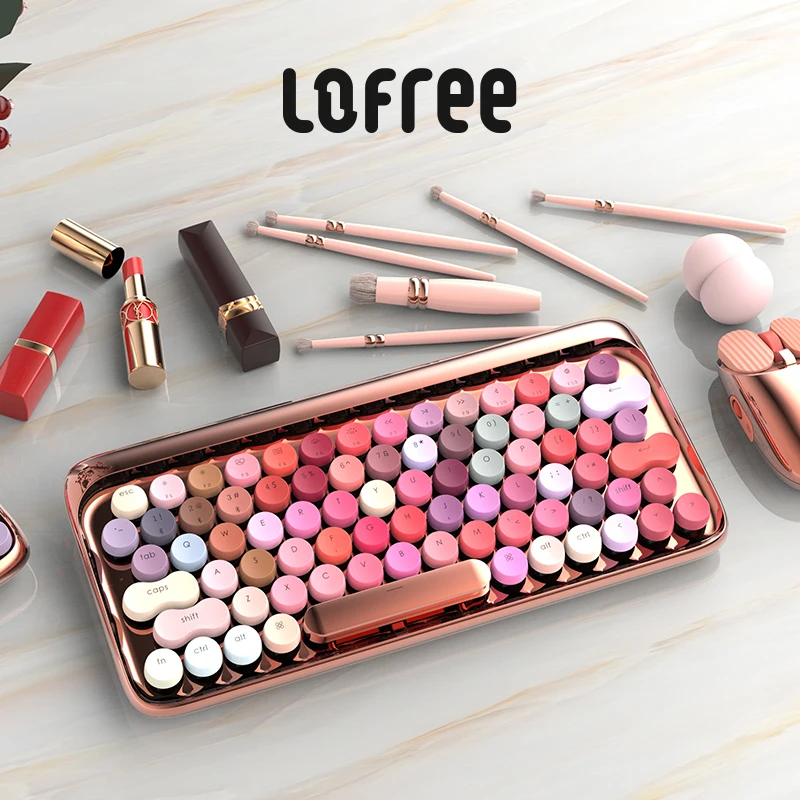 Lofree Lipstic Розово злато Безжична Bluetooth клавиатура Мишка Комплект осветление Чаен ключ точков механична клавиатура Листенце 2,4 G мишката . ' - ' . 1