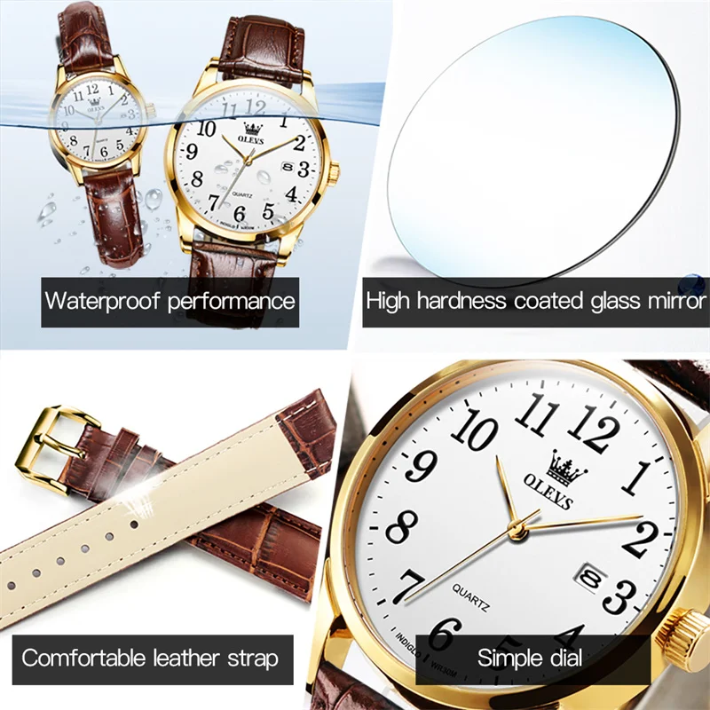 Часовник за любителите на марката OLEVS, модерен водоустойчив кожена календар, ежедневна двойка, прости кварцови часовници за мъже, дамски елегантни часовници . ' - ' . 1