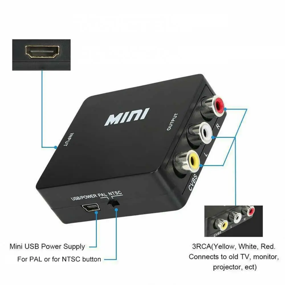 Преносим мини-конвертор с висока яснота на изображението 1080P, съвместима с HDMI адаптер AV RCA, композитен аудио конвертор . ' - ' . 1