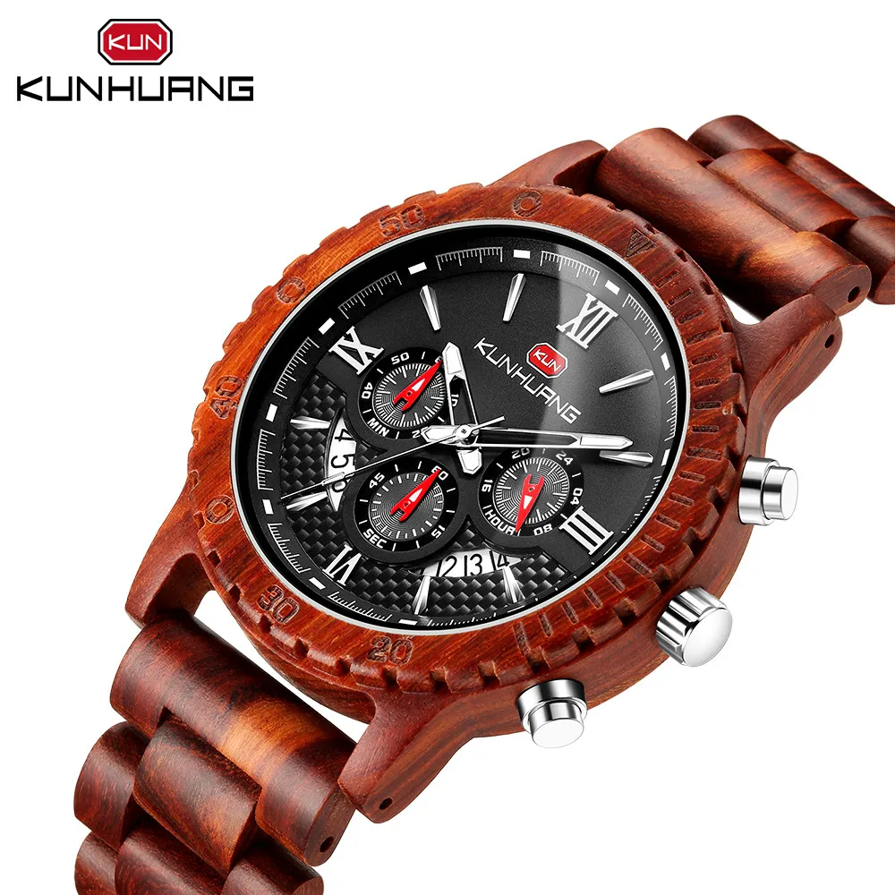 Мъжки часовник Kunhuang Wood, Многофункционални Модни Часовници с Хронограф, Три очи, Шестиконтактными Светещи Спортни Кварцевыми часовници с часове . ' - ' . 1