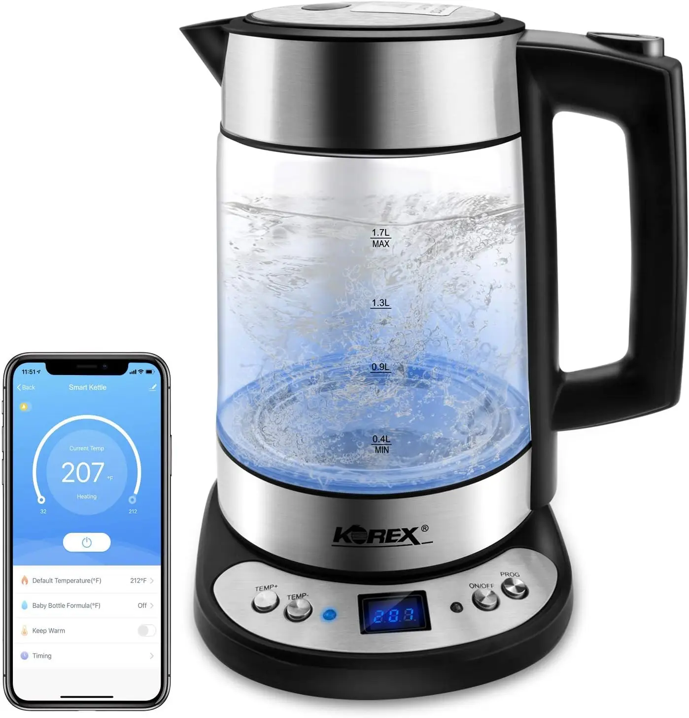 Кана за вода Стъклен Нагревател Бойлер Подходящ за WIFI APP Алекса Google Home Помощник 1.7 Л Отличен за приготвяне на кафе, Чай, мляко, Когато се нагрее прекомерно . ' - ' . 1