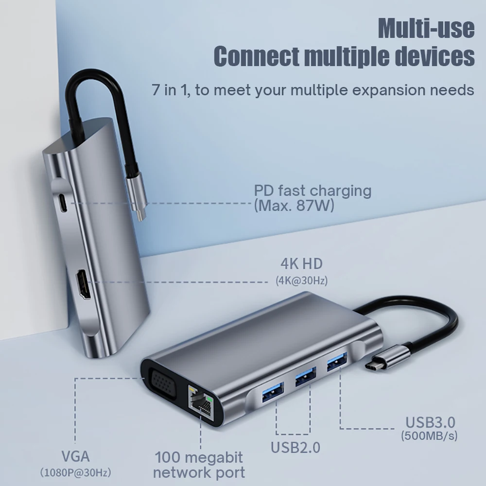 7 в 1 C USB Хъб Type-C Адаптер За USB 3.0, HDMI-4K 30 Hz 87 W PD Зареждане VGA, RJ-45 7 Пристанища Докинг станция за Macbook Аксесоари . ' - ' . 1