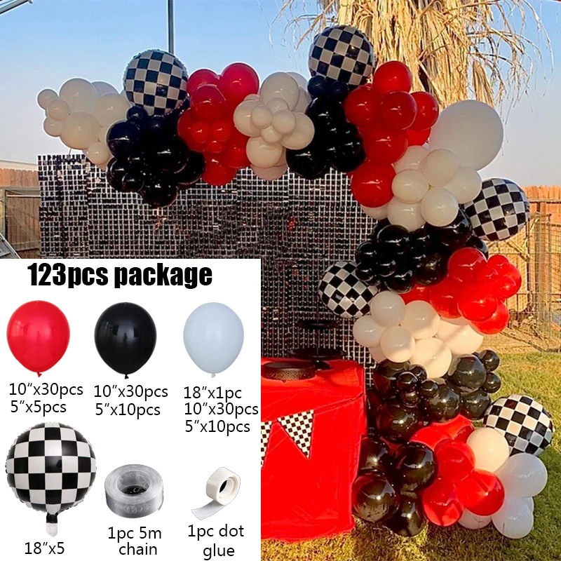 123 бр. балони за състезателен автомобил за рожден ден, бял, черен, червен балон, арка, венец за момчета, два бързи детски душ, аксесоари за парти по случай рождения ден . ' - ' . 1