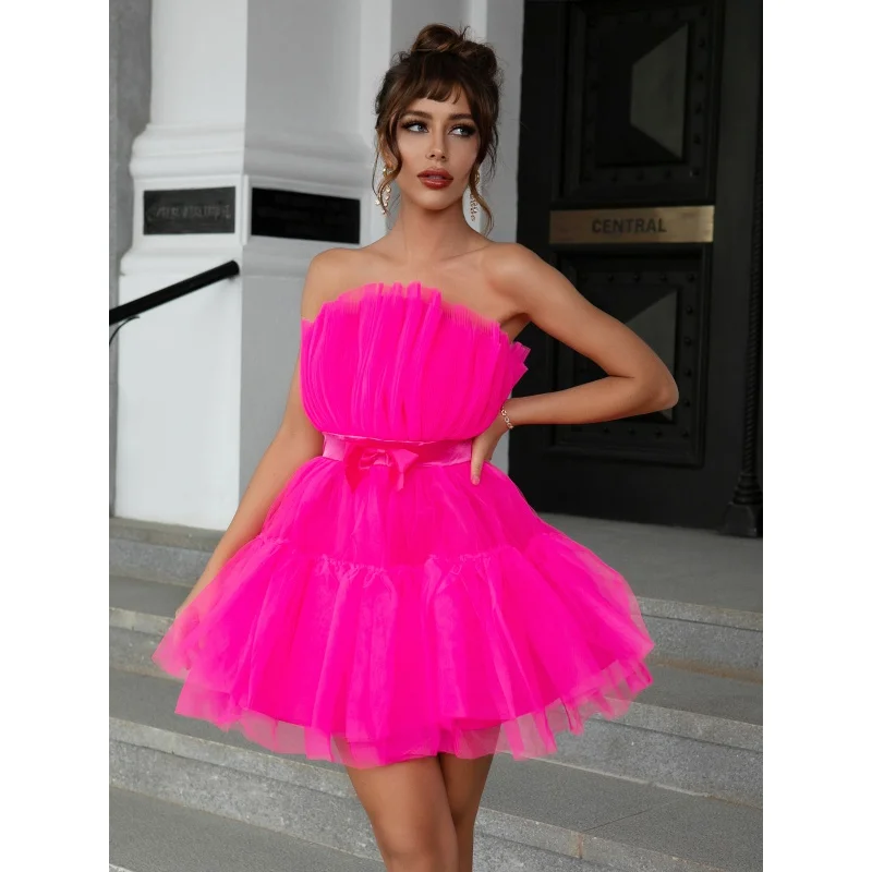 Сетчатое однотонное розова рокля на Хелоуин с рюшами, дамски колан, без презрамки, клуб свободни рокля с отворен гръб и висока талия, сексуална премяна . ' - ' . 2