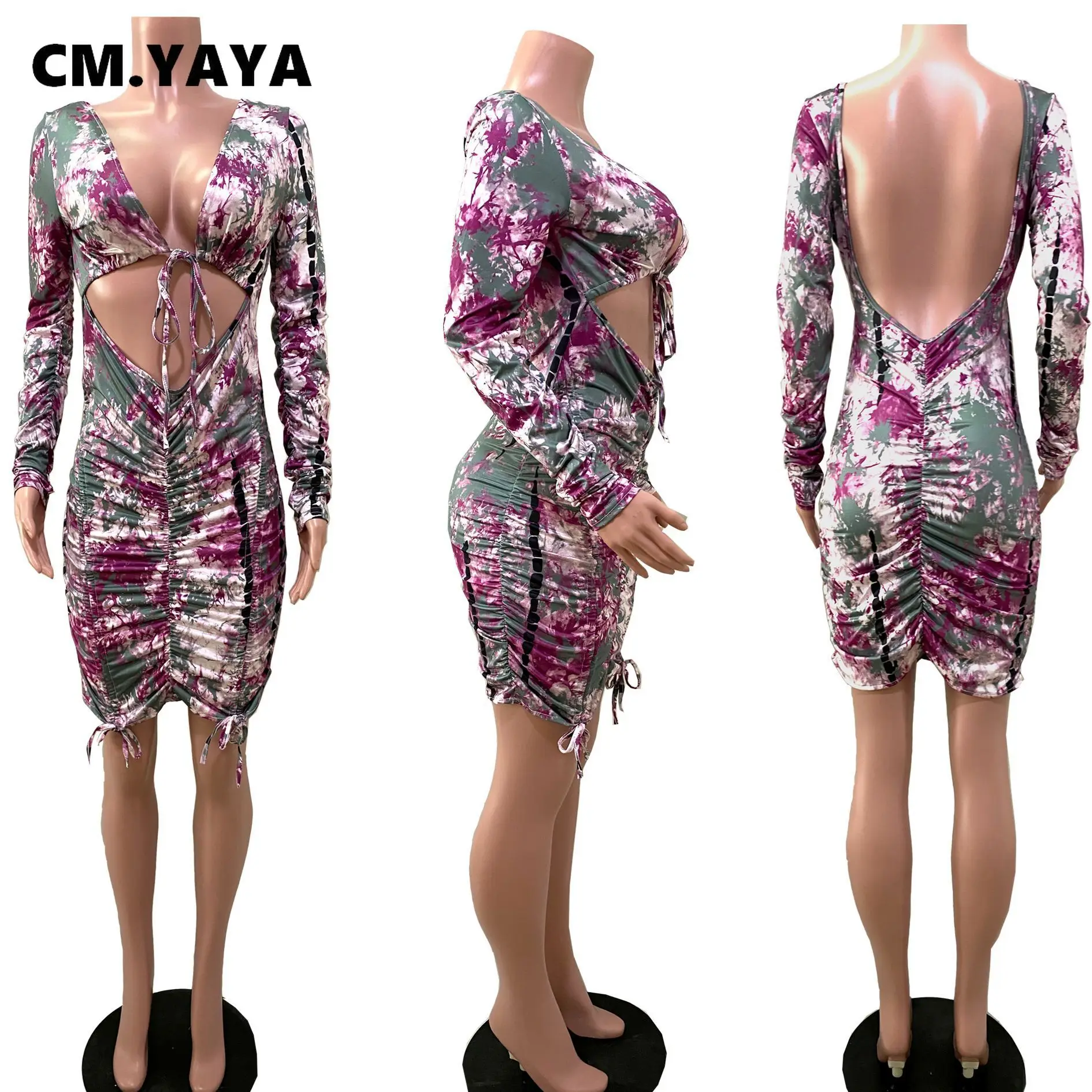 См. YAYA, мини-рокля с отворен гръб и принтом на гърдите, за жени, дебнещ еластична рокля с дълъг ръкав, оборудвана дизайн, сексуално . ' - ' . 2