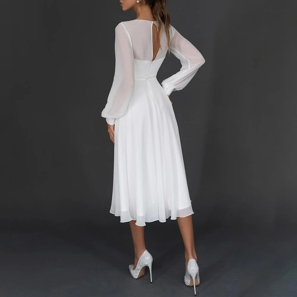 Сексуалното шифоновое бяла рокля миди с V образно деколте, летни рокли Midi за жени 2023, елегантна вечерна сватба бална рокля с дълъг ръкав за гости, бална рокля . ' - ' . 2