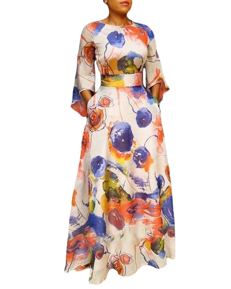 Елегантна женствена рокля за крайградски пътувания, летни 2023, ново модно дълга рокля с висока талия и кръгло деколте до талията с принтом . ' - ' . 2
