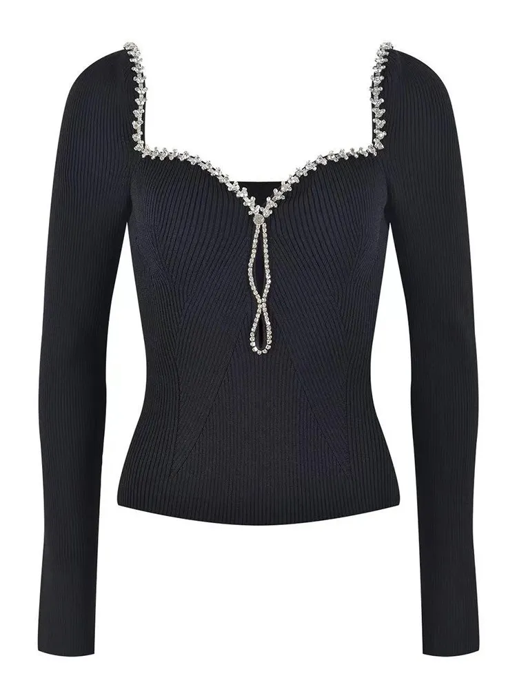 TWOTWINSTYLE, сплайсированные диаманти, выдалбливают вязаный пуловер за жени, кв яка, дълъг ръкав, тънък пуловер, пуловери, дамски нови . ' - ' . 2