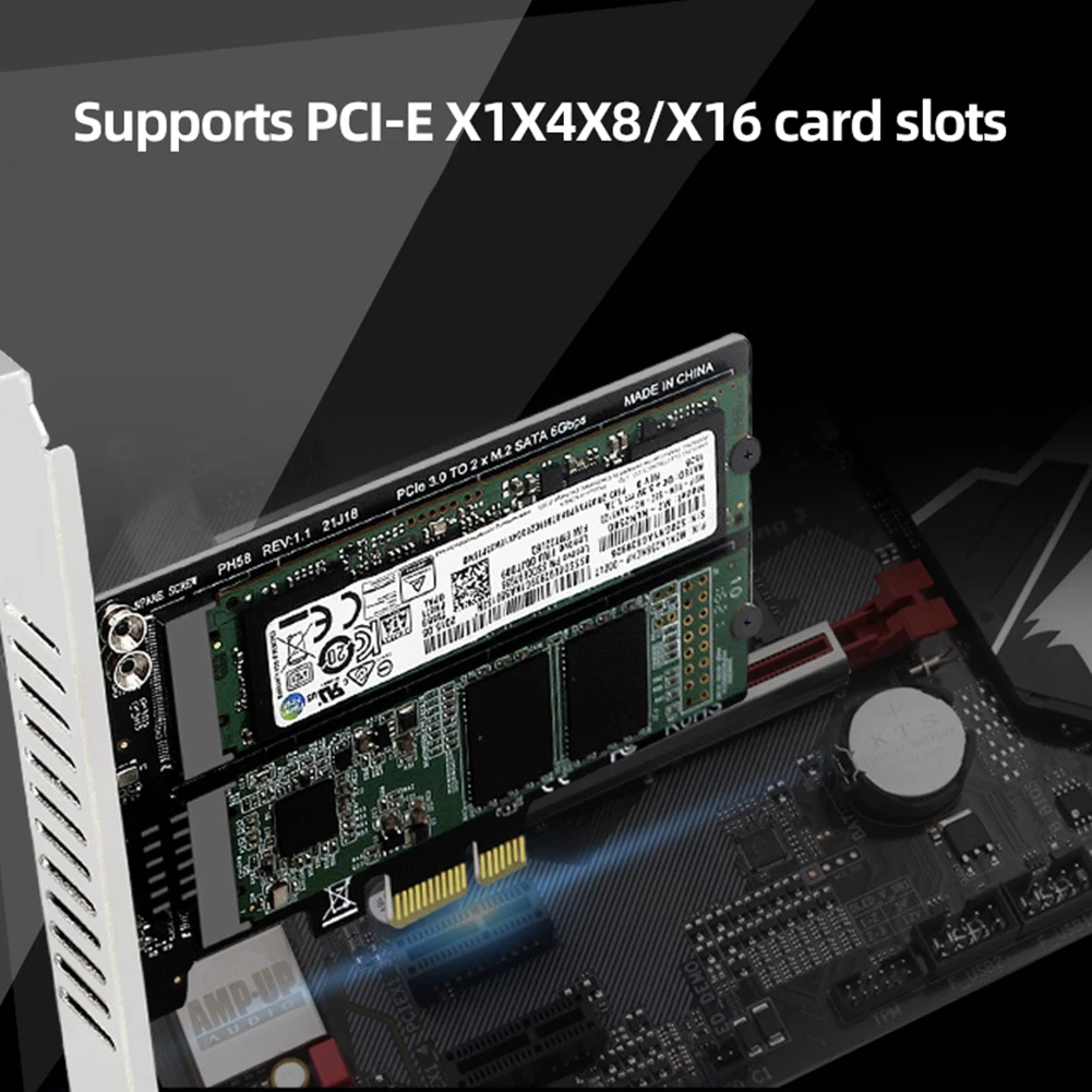 Карта PCIE3.0 X1/X4/X8/X16 режим За М. на 2 SATA с двухдисковым стара, Дебела Позлатена Разделени Карта за разширение, Адаптер за отвеждане на топлината NGFF SSD . ' - ' . 2