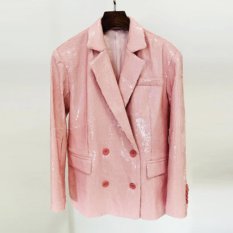 Модерен женски сако с пайети есен 2023, розово вечерно палто с дълъг ръкав, двубортное, с пайети, свободен, със средна дължина, блейзери, рокли . ' - ' . 2