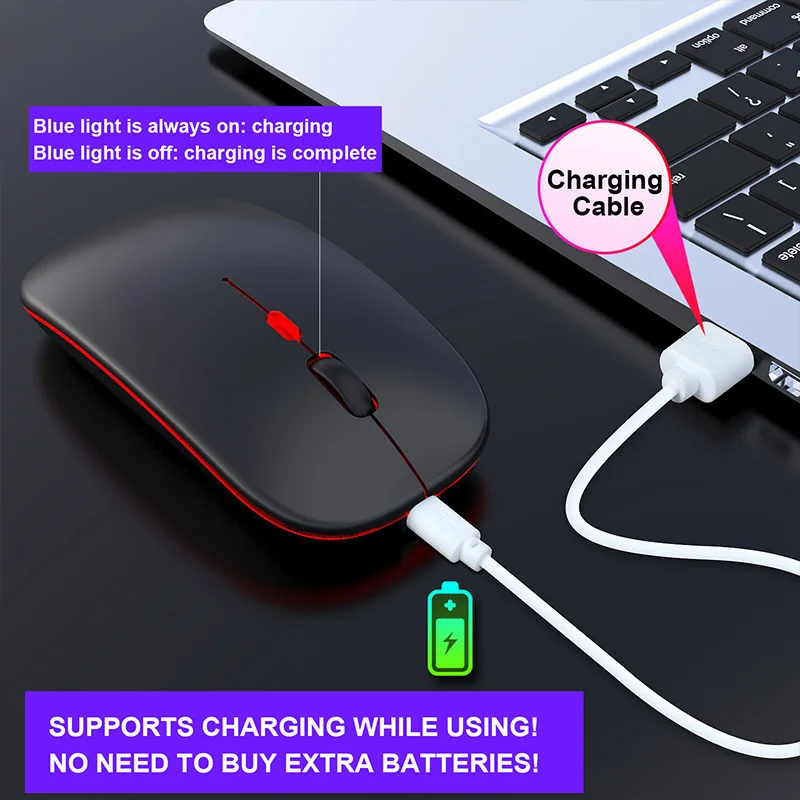 Безжична настолна мишка, USB зареждане, Bluetooth, подходящ за персонални компютри, игрови оптични устройства, ергономична и беззвучная, с led подсветка . ' - ' . 2