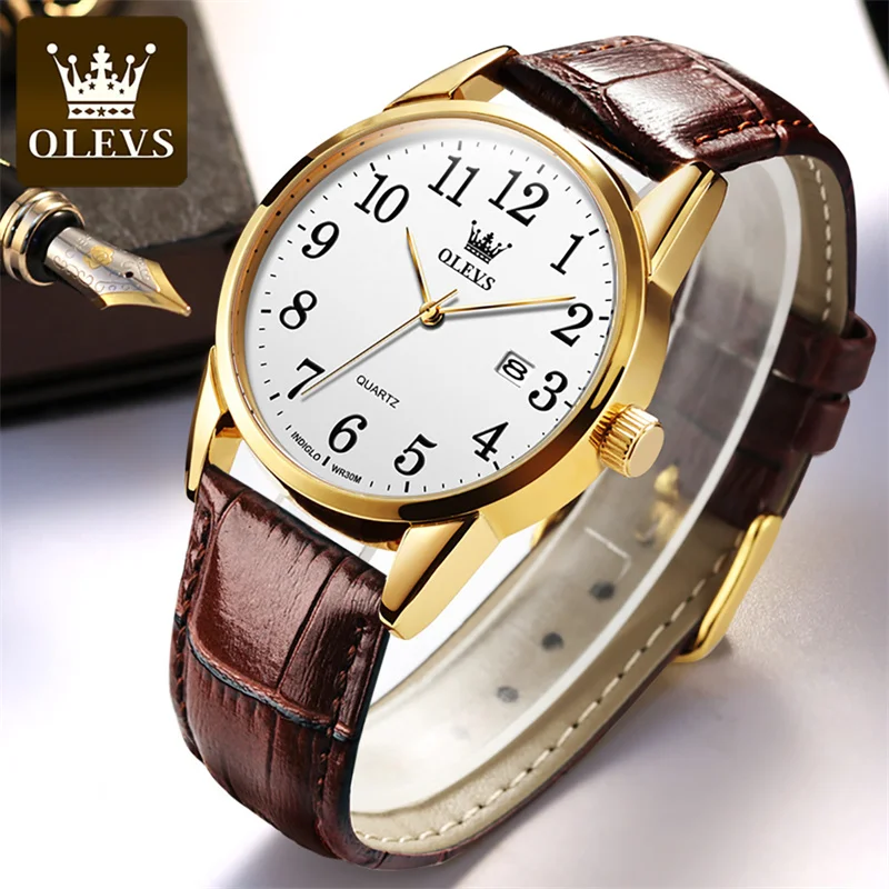 Часовник за любителите на марката OLEVS, модерен водоустойчив кожена календар, ежедневна двойка, прости кварцови часовници за мъже, дамски елегантни часовници . ' - ' . 2