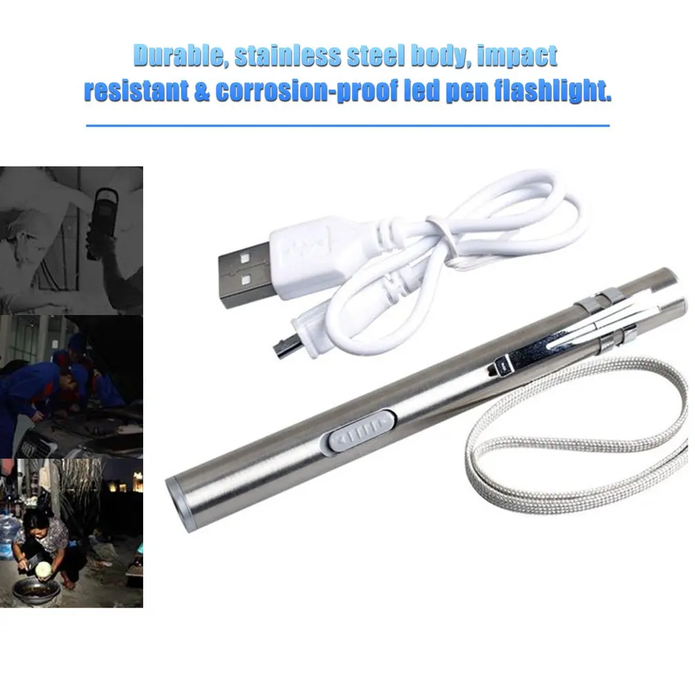 Горещ USB-акумулаторна мини джоб фенерче във формата на писалка, led фенерче с клипс от неръждаема стомана, сребърен джобен led фенерче-факел . ' - ' . 2
