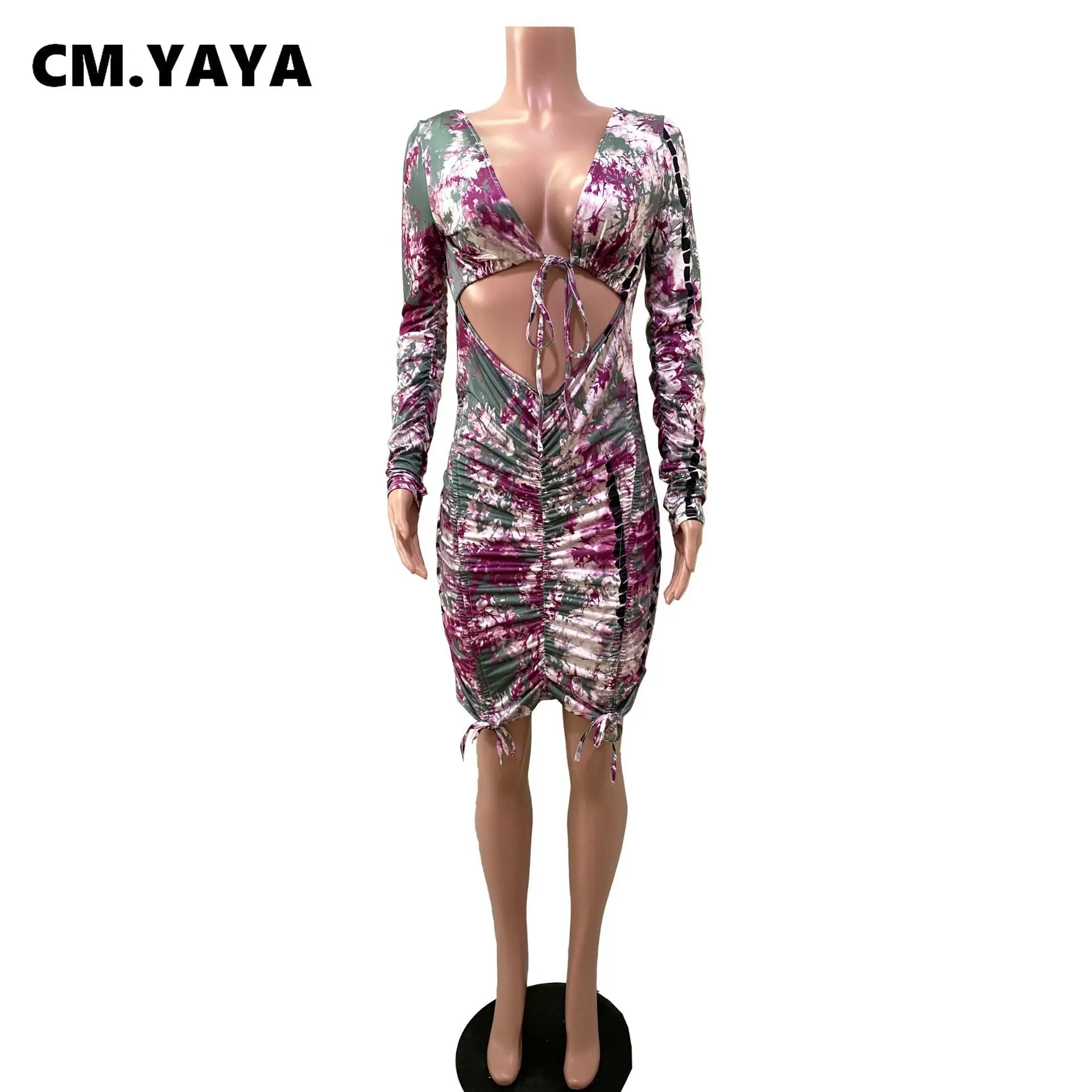 См. YAYA, мини-рокля с отворен гръб и принтом на гърдите, за жени, дебнещ еластична рокля с дълъг ръкав, оборудвана дизайн, сексуално . ' - ' . 3