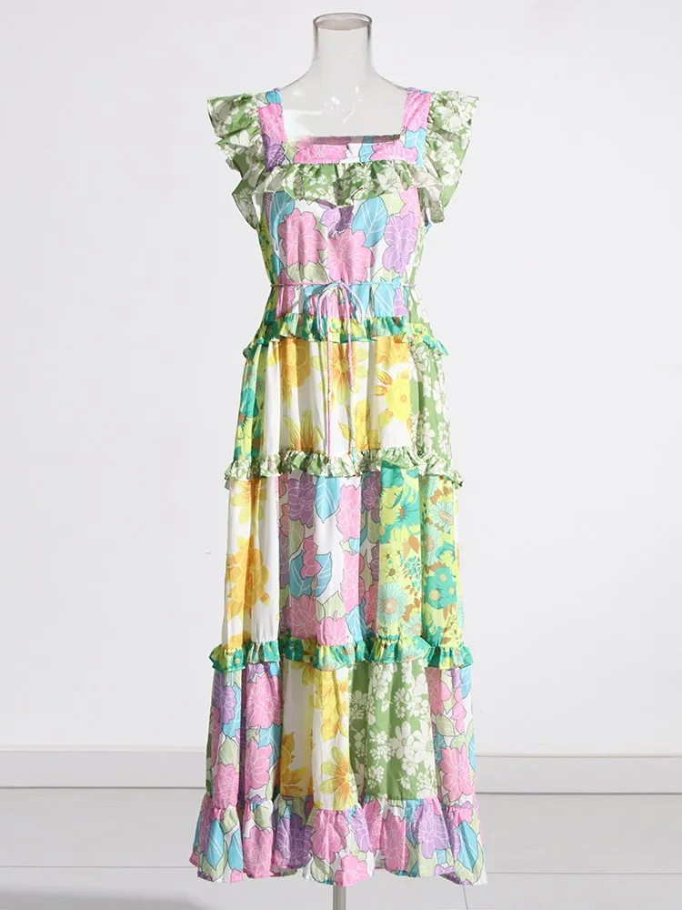 KBQ Женствена рокля с цветен принтом под формата на цветни единица, квадратен яка, без ръкав, висока талия, свободни рокли дантела, направени годни за консумация дървени гъбички, женски . ' - ' . 3
