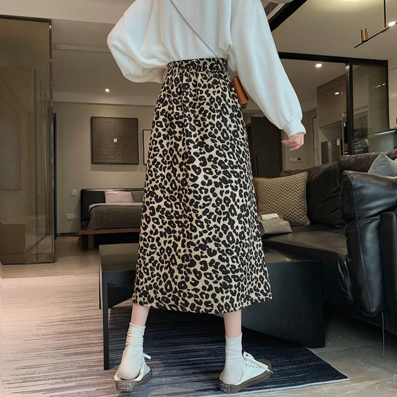 Пола с леопардовым принтом в ретро стил, ежедневна пола с джобове, еластична пола Midi трапецовидна форма, с висока талия, есенно-зимни дамски поли 2022, новост . ' - ' . 3
