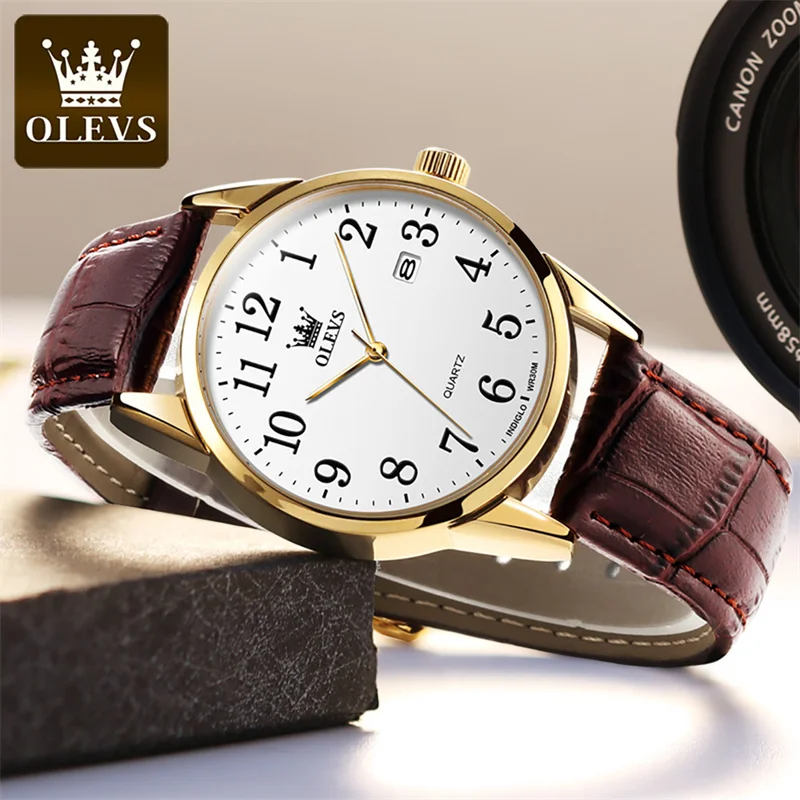 Часовник за любителите на марката OLEVS, модерен водоустойчив кожена календар, ежедневна двойка, прости кварцови часовници за мъже, дамски елегантни часовници . ' - ' . 3