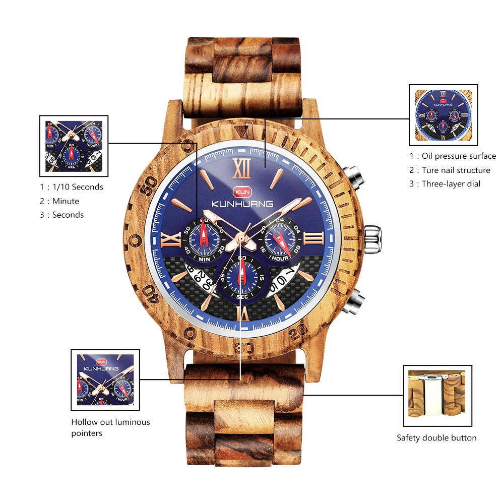 Мъжки часовник Kunhuang Wood, Многофункционални Модни Часовници с Хронограф, Три очи, Шестиконтактными Светещи Спортни Кварцевыми часовници с часове . ' - ' . 3