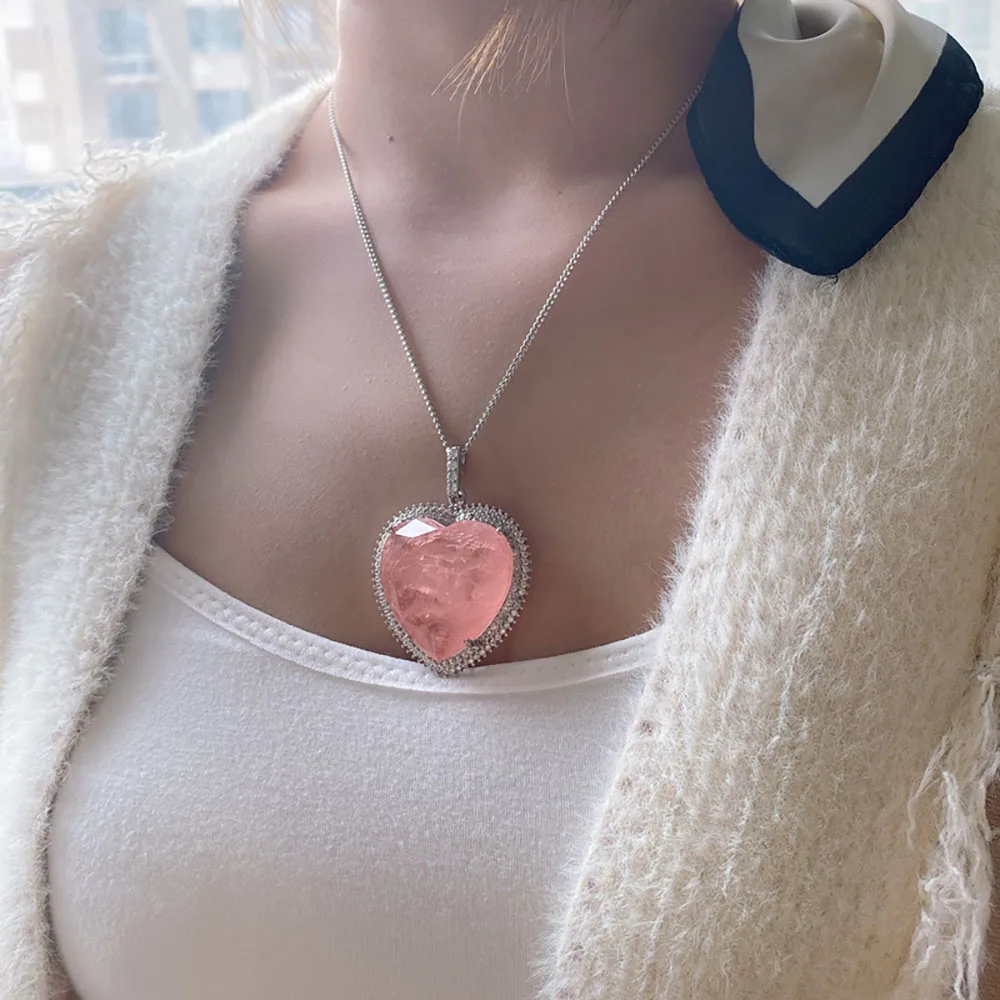 2020 32*32 мм Сърцето Розови Кристали Турмалин Създаден Муассанит Скъпоценен Камък Висулка Колие за Жени Изискани Бижута Подарък За Годишнината . ' - ' . 3
