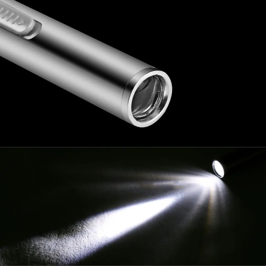 Горещ USB-акумулаторна мини джоб фенерче във формата на писалка, led фенерче с клипс от неръждаема стомана, сребърен джобен led фенерче-факел . ' - ' . 3