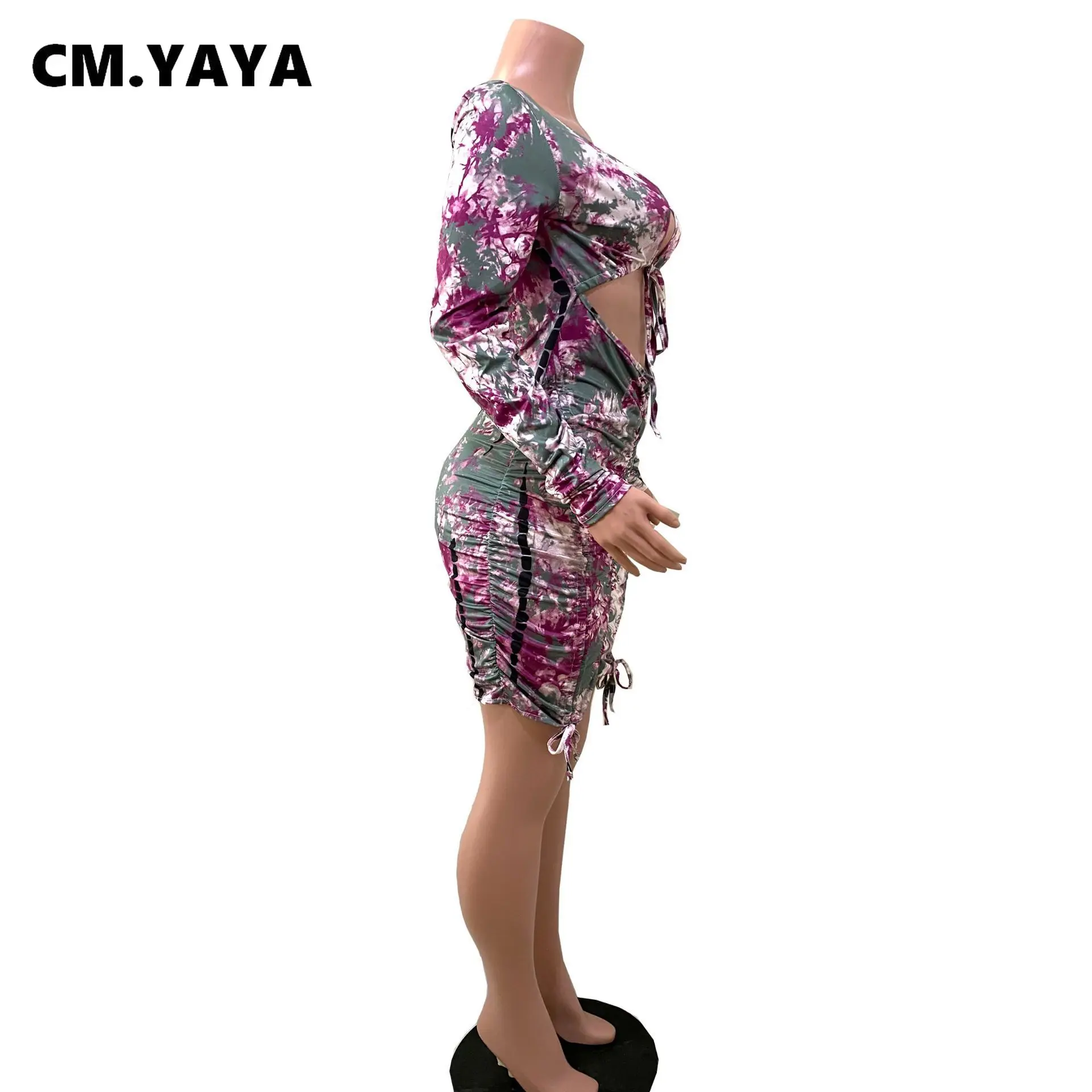 См. YAYA, мини-рокля с отворен гръб и принтом на гърдите, за жени, дебнещ еластична рокля с дълъг ръкав, оборудвана дизайн, сексуално . ' - ' . 4