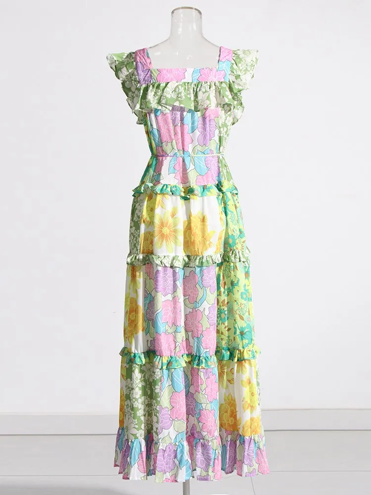 KBQ Женствена рокля с цветен принтом под формата на цветни единица, квадратен яка, без ръкав, висока талия, свободни рокли дантела, направени годни за консумация дървени гъбички, женски . ' - ' . 4