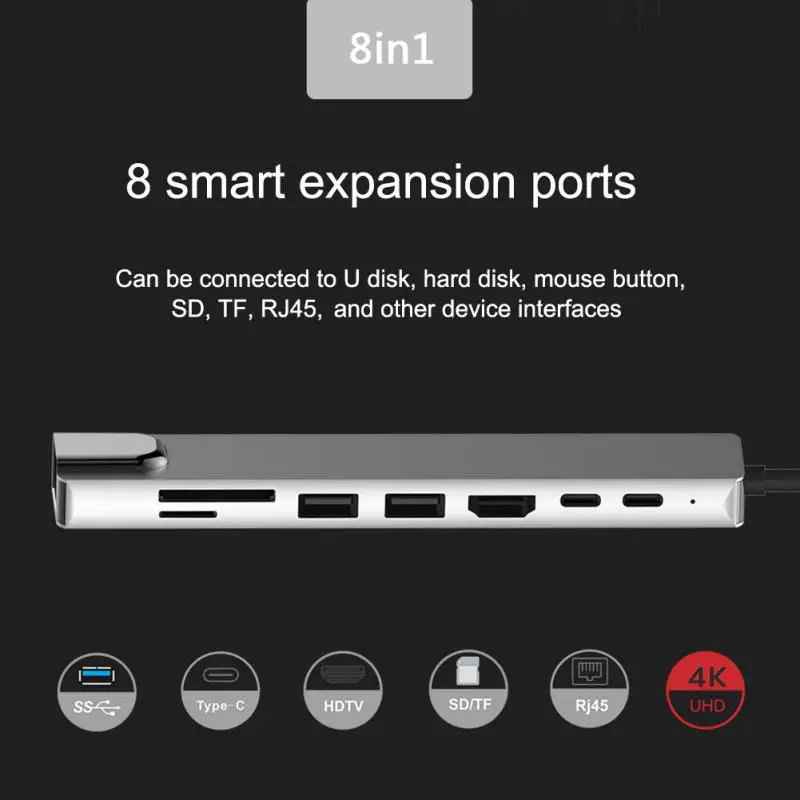 USB 3.0 хъб, док-станция за зареждане на PD, RJ-45, HDMI-съвместима карта TF / SD, сплитер Type-C за лаптоп адаптер за PC, компютър . ' - ' . 4