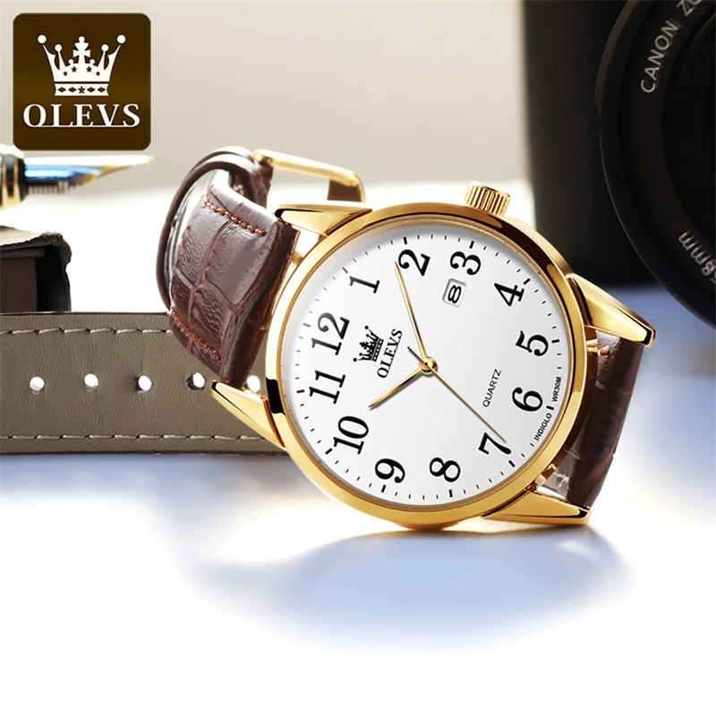 Часовник за любителите на марката OLEVS, модерен водоустойчив кожена календар, ежедневна двойка, прости кварцови часовници за мъже, дамски елегантни часовници . ' - ' . 4