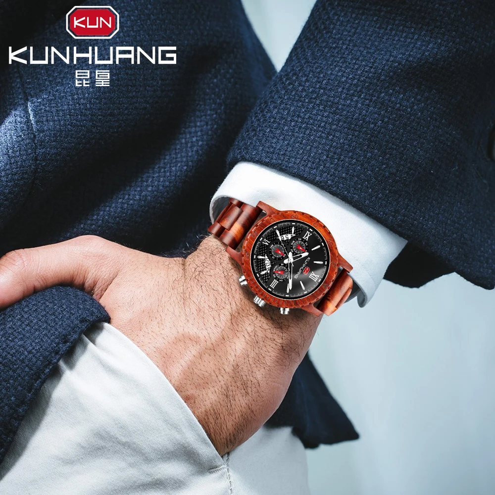 Мъжки часовник Kunhuang Wood, Многофункционални Модни Часовници с Хронограф, Три очи, Шестиконтактными Светещи Спортни Кварцевыми часовници с часове . ' - ' . 4
