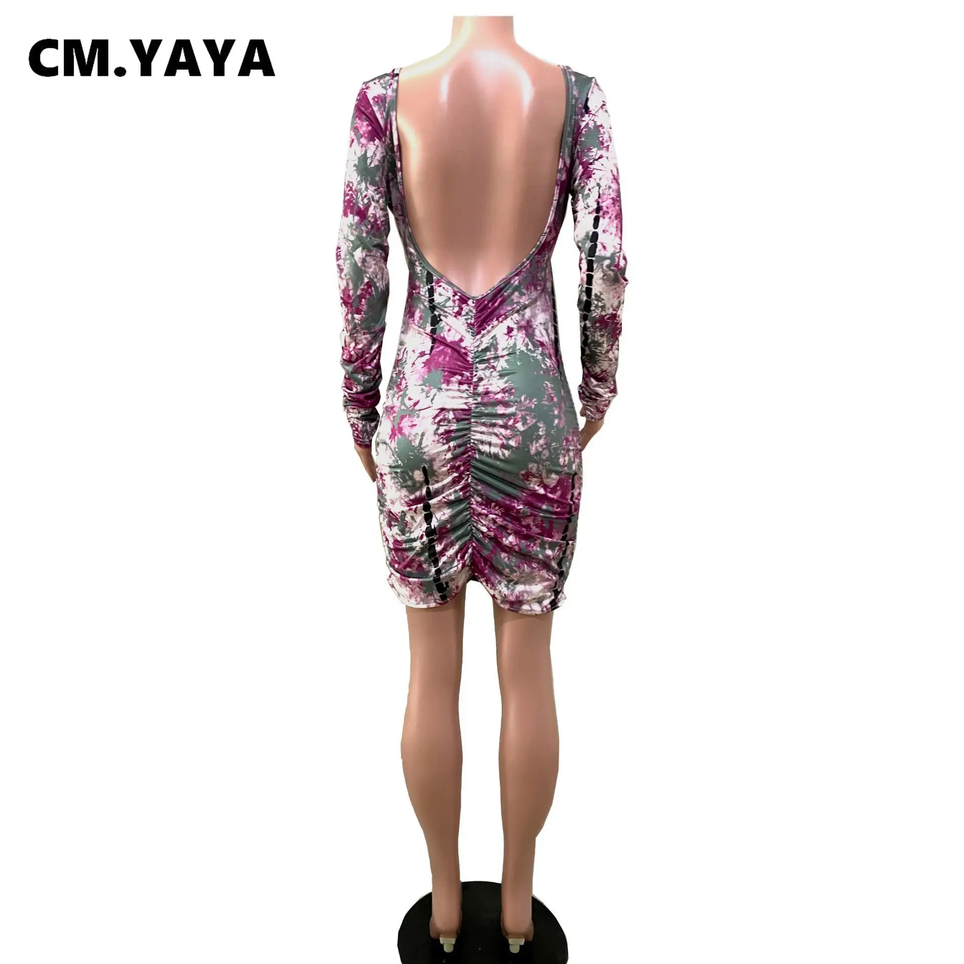 См. YAYA, мини-рокля с отворен гръб и принтом на гърдите, за жени, дебнещ еластична рокля с дълъг ръкав, оборудвана дизайн, сексуално . ' - ' . 5