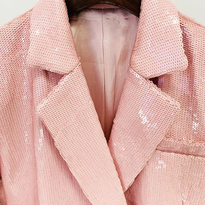 Модерен женски сако с пайети есен 2023, розово вечерно палто с дълъг ръкав, двубортное, с пайети, свободен, със средна дължина, блейзери, рокли . ' - ' . 5
