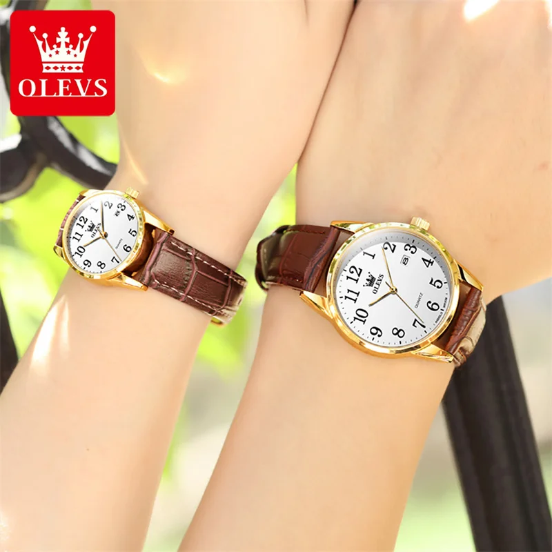 Часовник за любителите на марката OLEVS, модерен водоустойчив кожена календар, ежедневна двойка, прости кварцови часовници за мъже, дамски елегантни часовници . ' - ' . 5