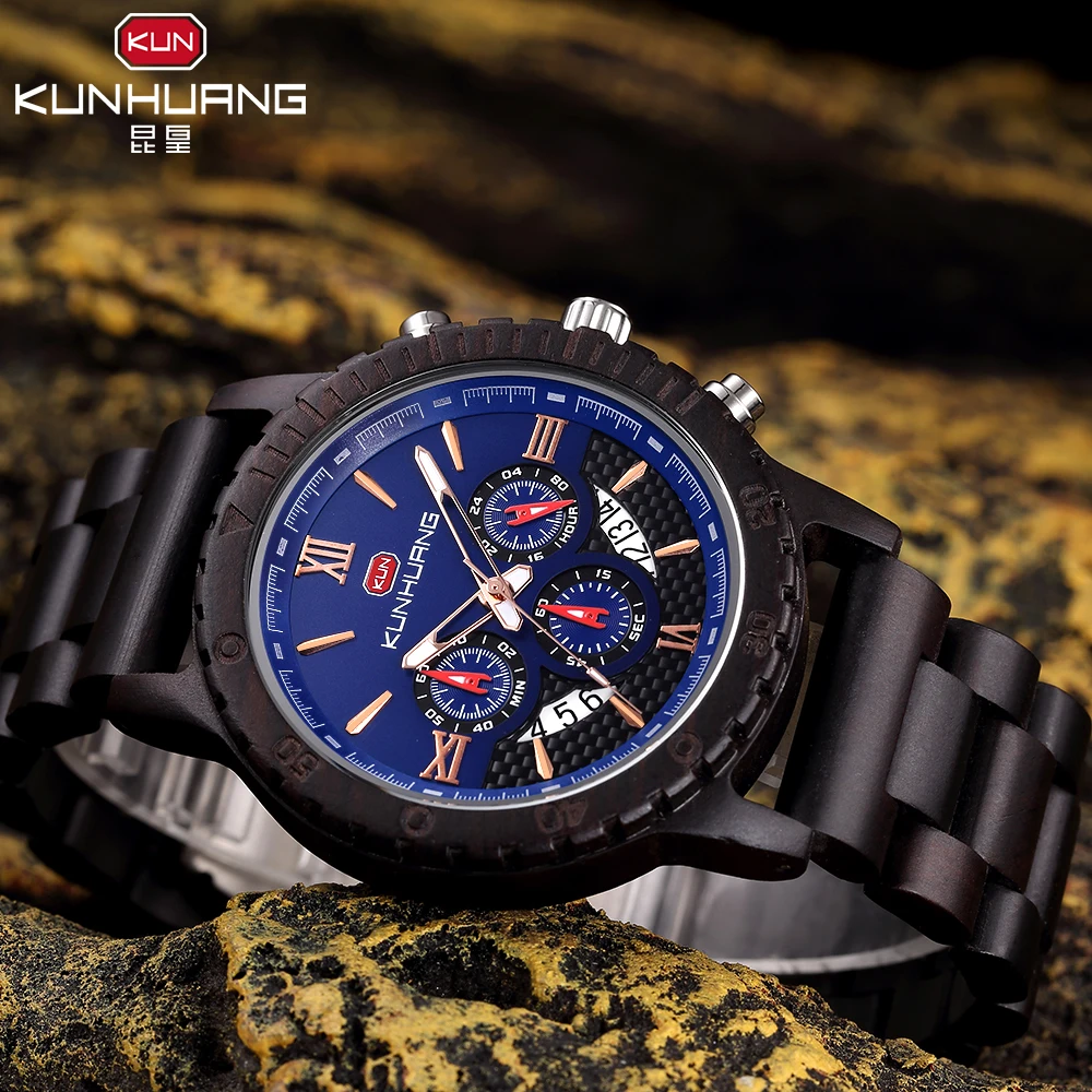 Мъжки часовник Kunhuang Wood, Многофункционални Модни Часовници с Хронограф, Три очи, Шестиконтактными Светещи Спортни Кварцевыми часовници с часове . ' - ' . 5