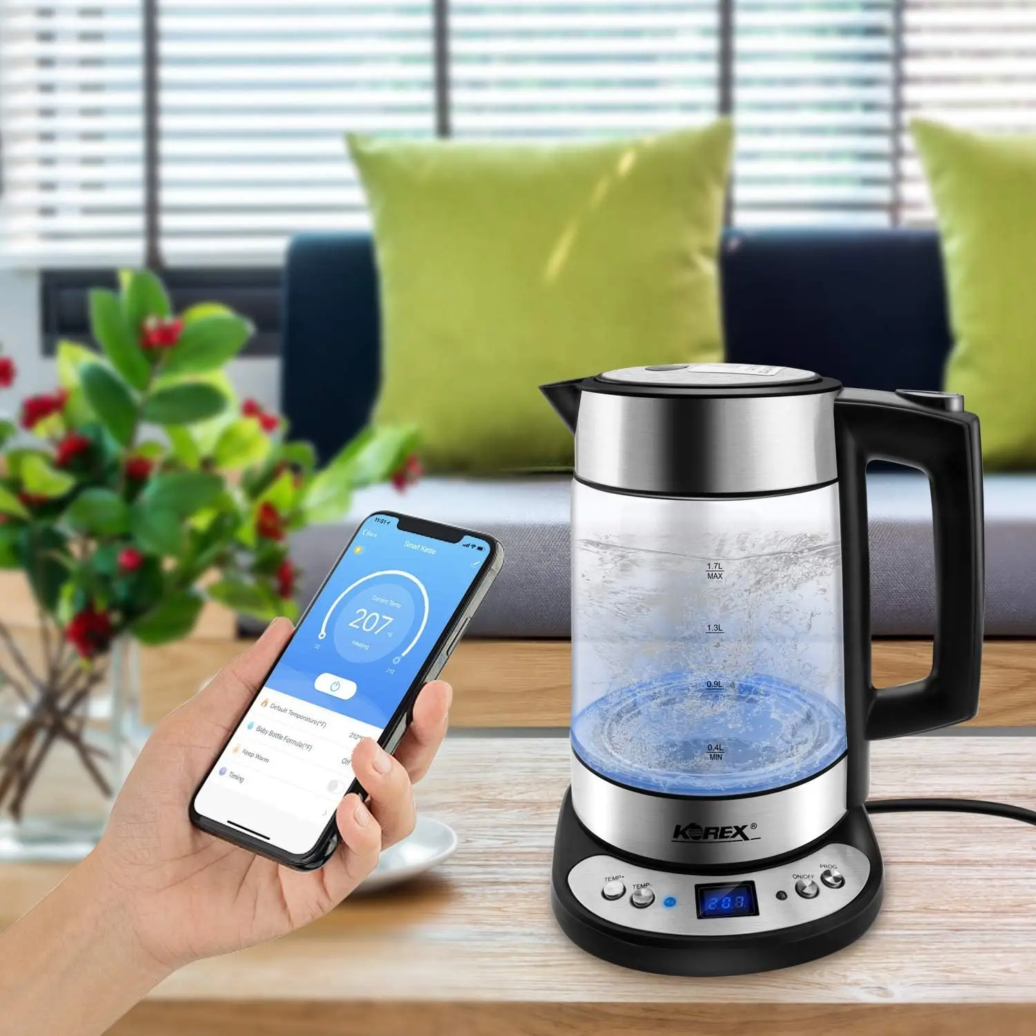 Кана за вода Стъклен Нагревател Бойлер Подходящ за WIFI APP Алекса Google Home Помощник 1.7 Л Отличен за приготвяне на кафе, Чай, мляко, Когато се нагрее прекомерно . ' - ' . 5