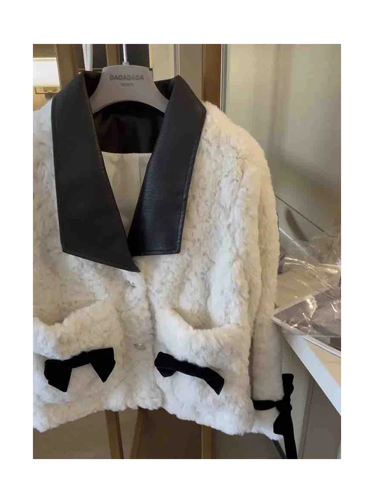 Зимно топло палто от изкуствена кожа, женски мозайка елегантно палто от плътна отвътре, дамски корейската мода, дизайн вълнена късо палто с лък 2022 . ' - ' . 5