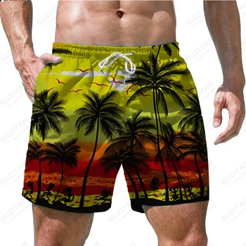 2023 Летни нови мъжки плажни шорти, хавайски спортни къси панталони за почивка, панталони с 3D-принтом, бързо съхнещи, много голяма кокосова палма